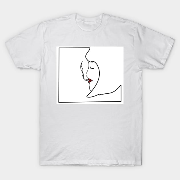 Minimalist Smoking Lady Line Art (White) T-Shirt by jocela.png